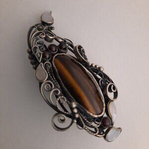 Vintage Tiger's Eye Brooch with Filigree Silver Details